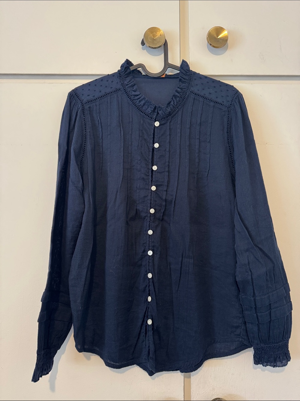 Quince Navy Long-Sleeve Button Front Shirt with Ruffle Collar